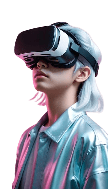 photo of a futuristic young woman with a virtual reality viewer in neon colors